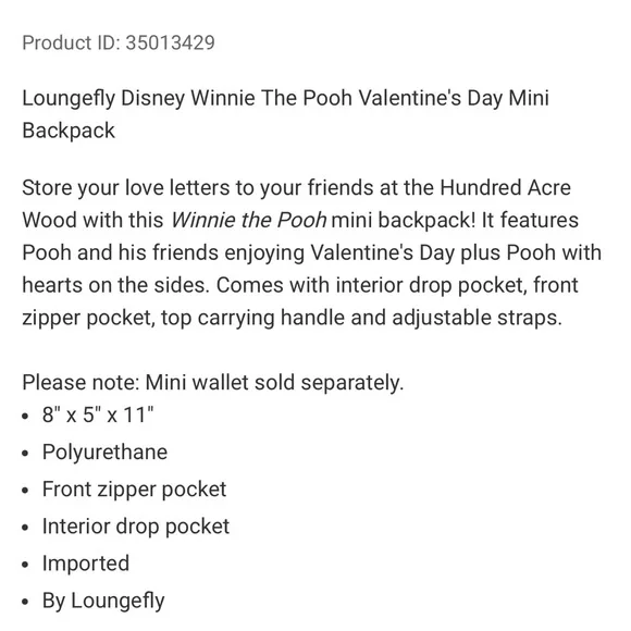 Loungefly Disney Winnie The Pooh Valentine's Day Mini Backpack ONLY - Picture 5 of 7